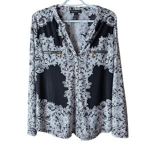 INC International Concepts L Black White Lace Print Zip Pocket Blouse Top